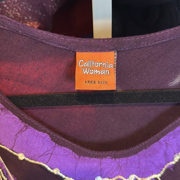 California Woman purple palm tree print curved hem sleeveless dress size OS NWOT - Picture 2 of 3